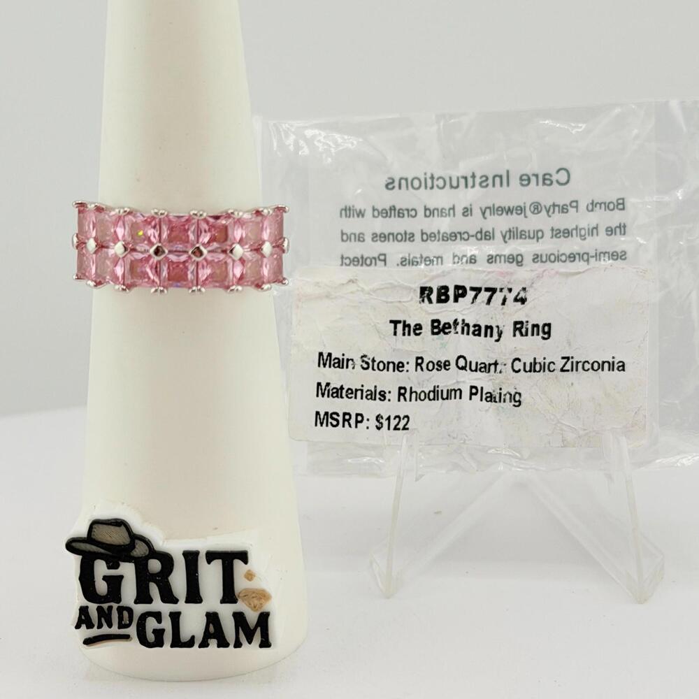 Bomb Party Ring Sz 11 "The Bethany Ring" Rose Quartz on Rhodium RBP7774 - Picture 2 of 6